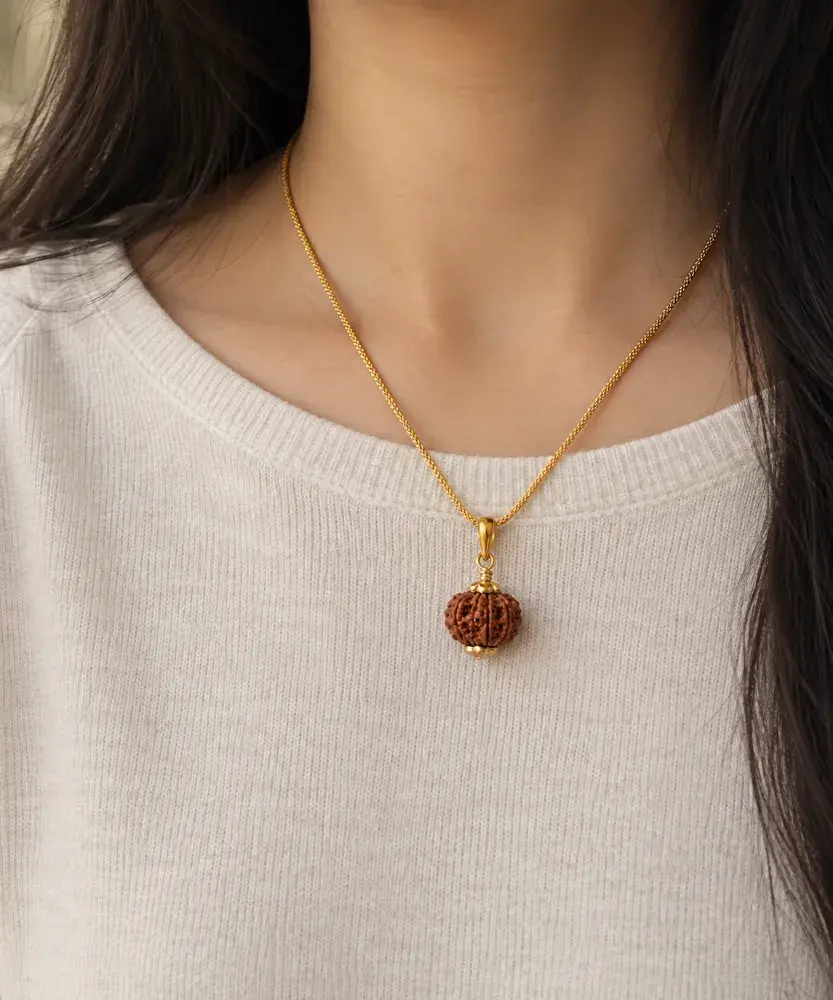 Natural 5 Mukhi Rudraksha Pendant with Gold-Plated Chain