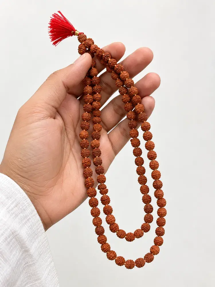 Natural 5 Mukhi Rudraksha Mala (108+1 Beads) — For Puja, Meditation & Astrology