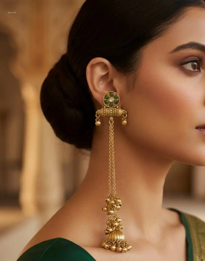 Royal Emerald Drop Chain Kashmiri Earrings