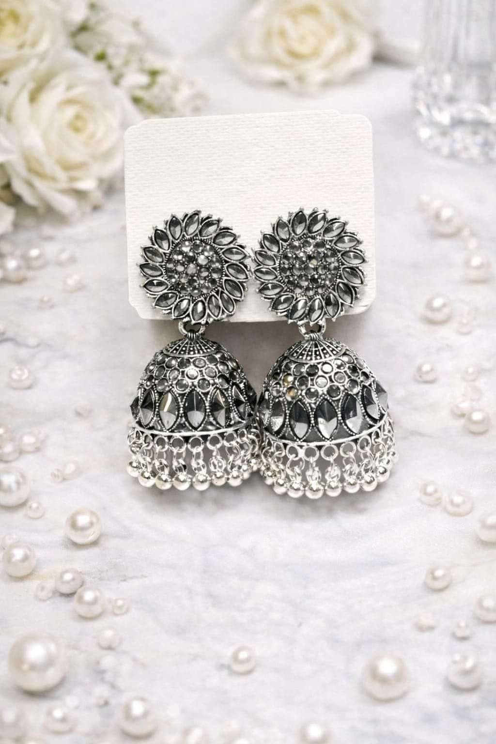 Oxidised Silver Pearl Jhumka