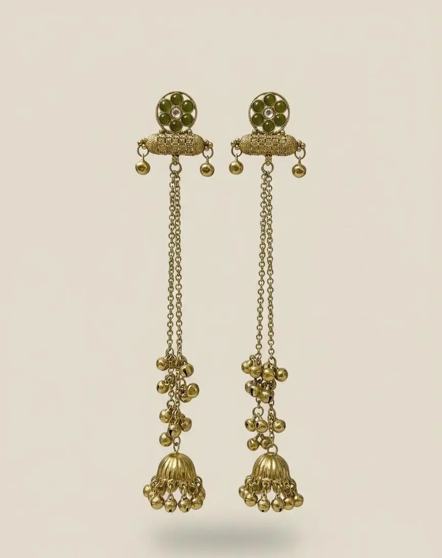 Royal Emerald Drop Chain Kashmiri Earrings