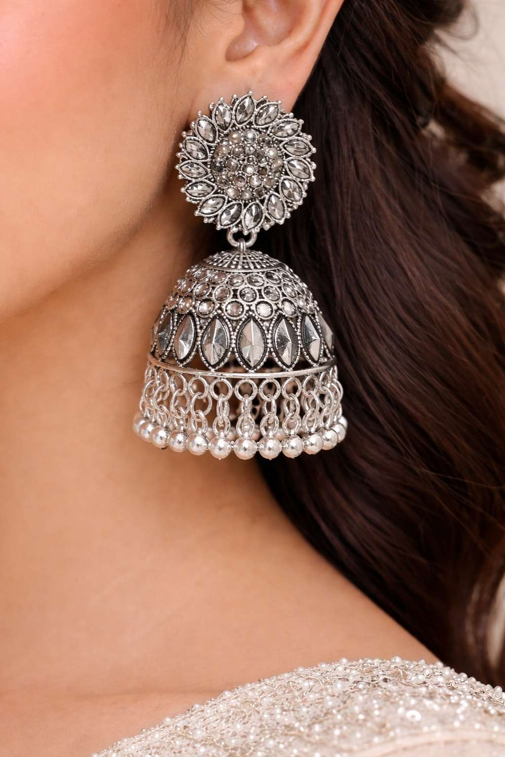 Oxidised Silver Pearl Jhumka