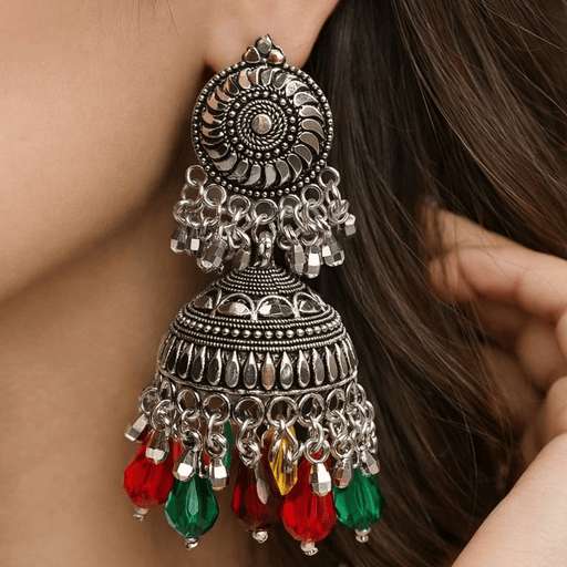 Royal Oxidised Silver Multicolor Jhumka Earrings for Women