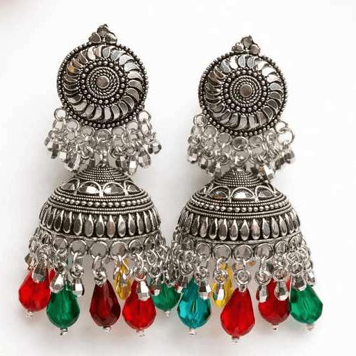 Royal Oxidised Silver Multicolor Jhumka Earrings for Women