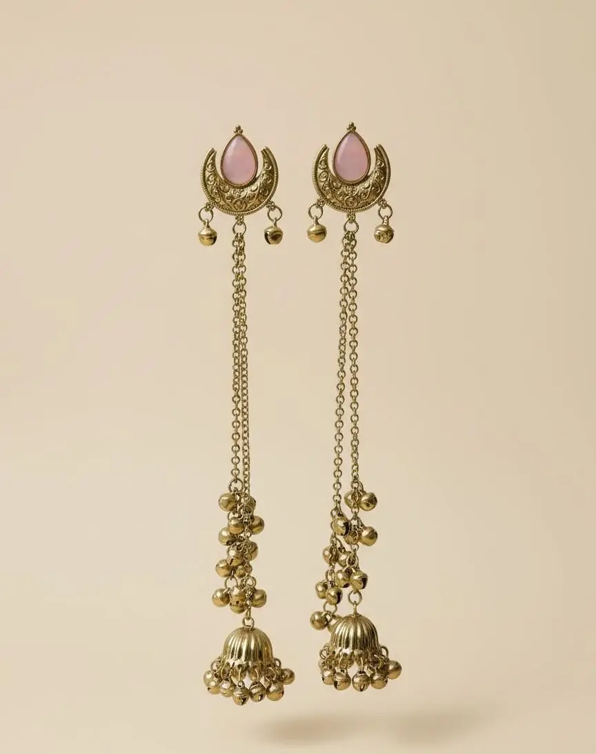 Noorani Pink Drop Long Kashmiri Earrings