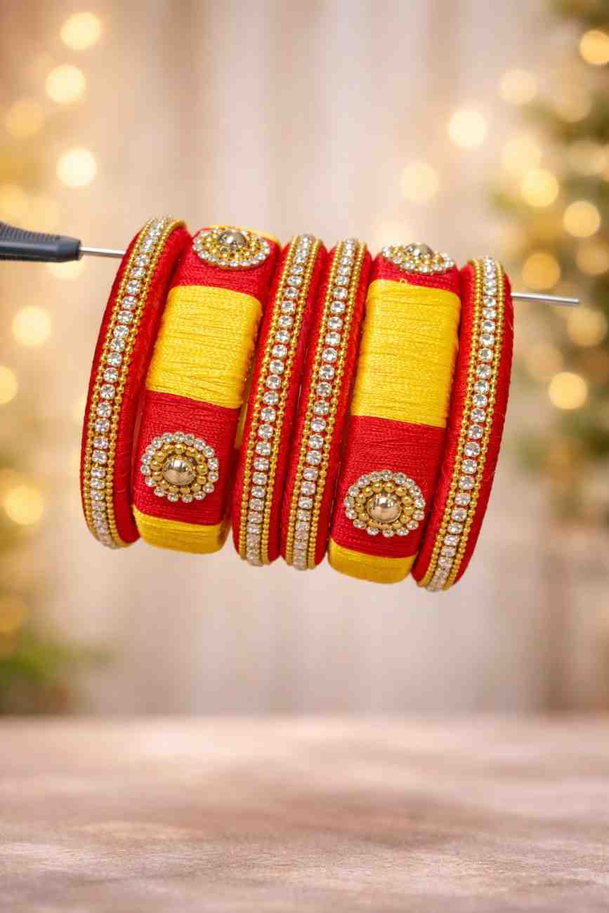Handcrafted Red & Yellow Silk Thread Bangles Set with Stone Work (Traditional Bridal Bangles)